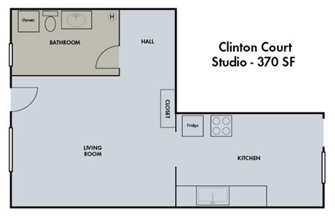Floor plan for studio, 1 bath, 370 sqft